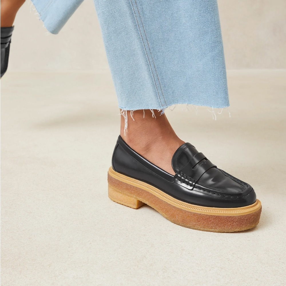 EUC Loeffler Randall Rikki Leather Chunky Platform Penny Loafers, Black Tan 8.5